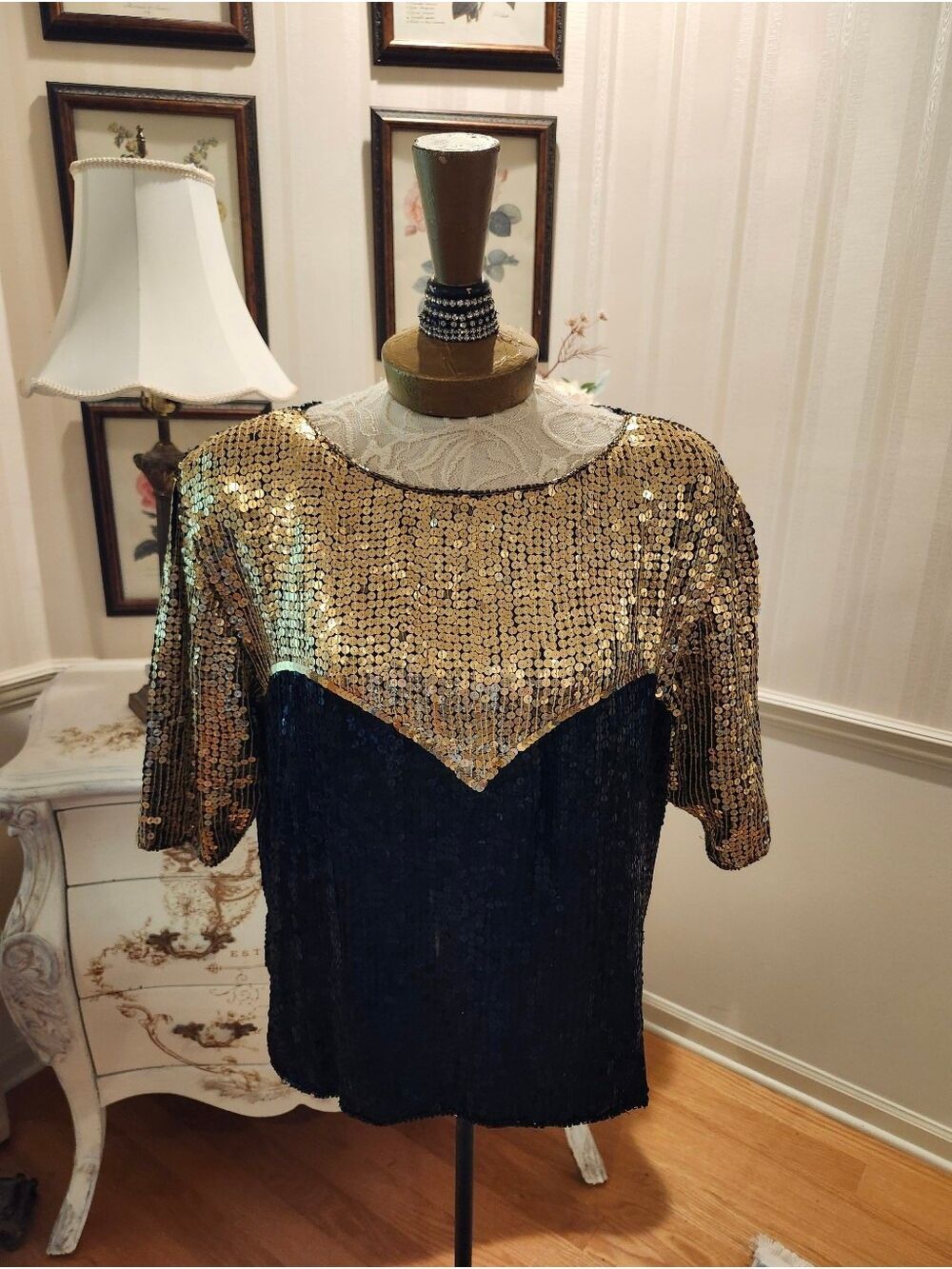 Vintage 80's Liquid Sequin Gold & Black Top M